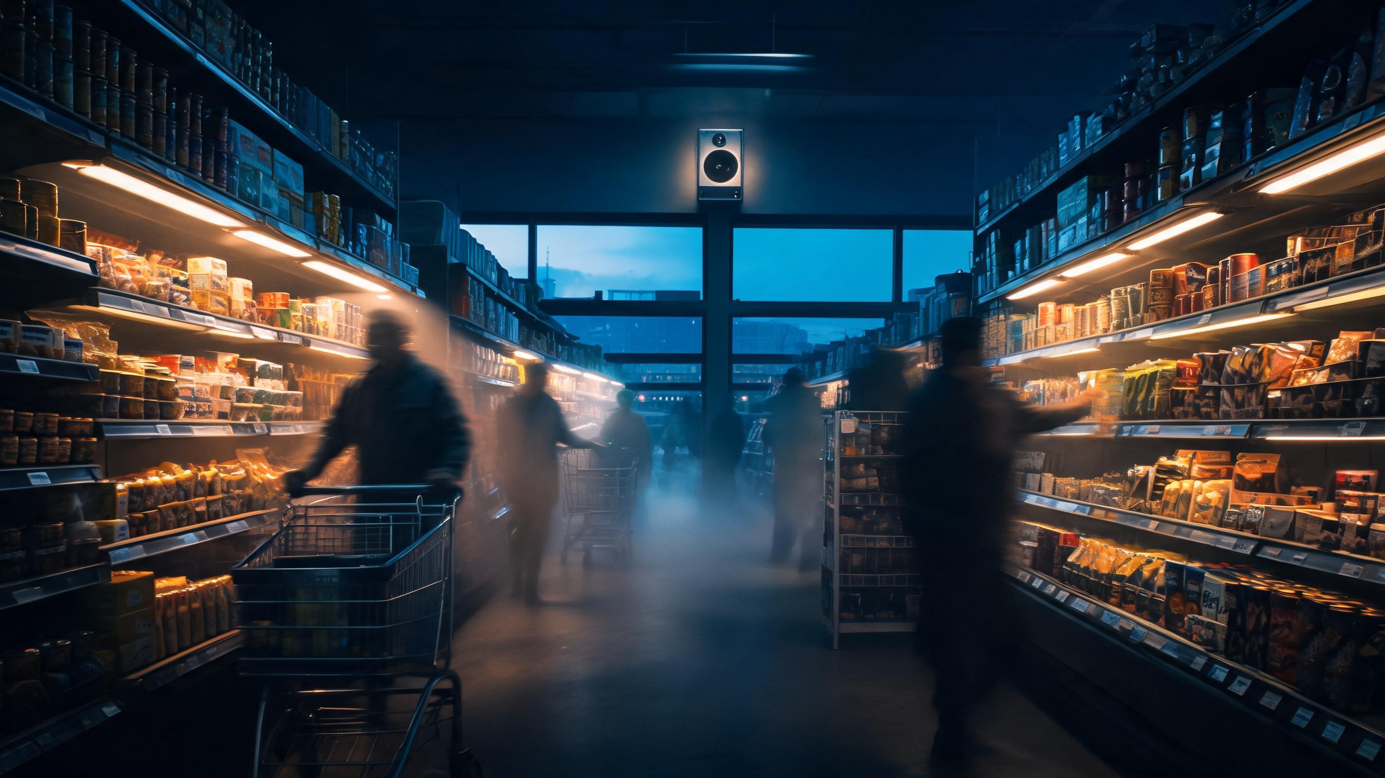 Supermercado com locução tocando nos alto-falantes